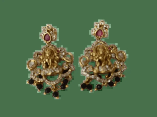 Stunning antique gold plated Goddess Lakshmi earrings with intricate detailing and black beads.