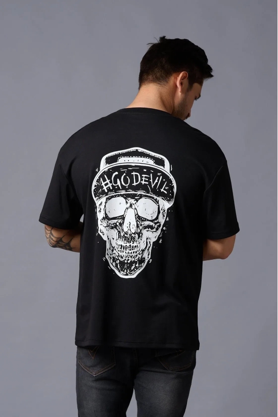 #Go Devil With Skull (in White) Printed Black Oversized T-Shirt for Men L