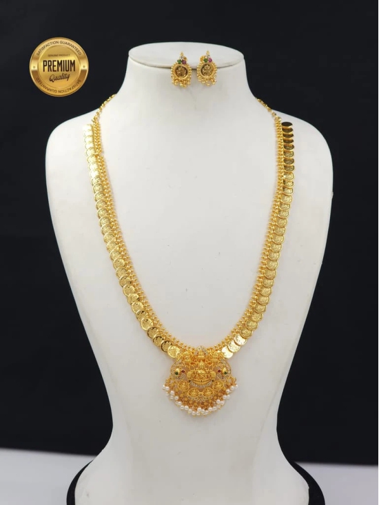 Indian Traditional Gold Plated Lakshmi Kasu Haram Necklace Set with Earrings for Women