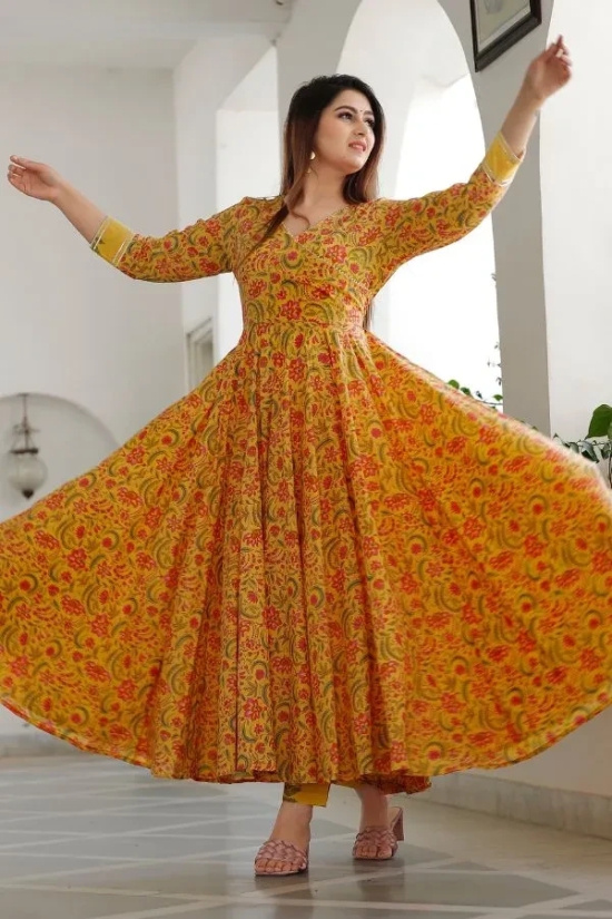 Yellow Floral Printed Anarkali Set 3XL