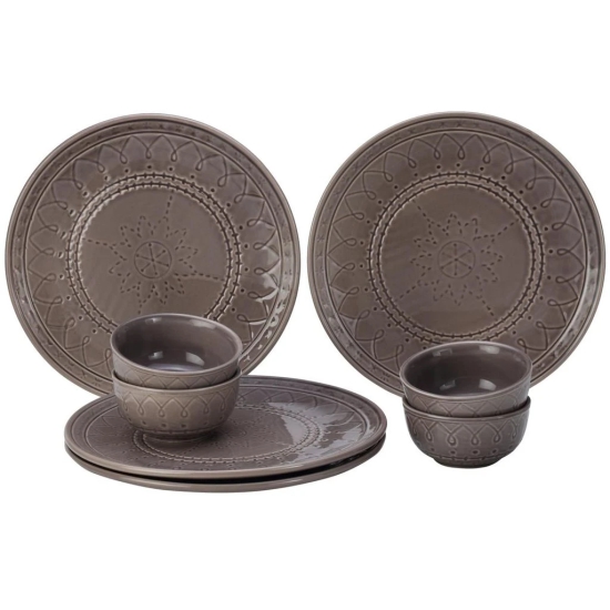 Aadeep Handcrafted Emboss Stoneware Ceramic Dinner Set, 10 Pieces Dish Set Serving for 4, Microwave and Dishwasher Safe, Bone-ash Free, Crockery Set for Dining and Gifting, Ash Grey