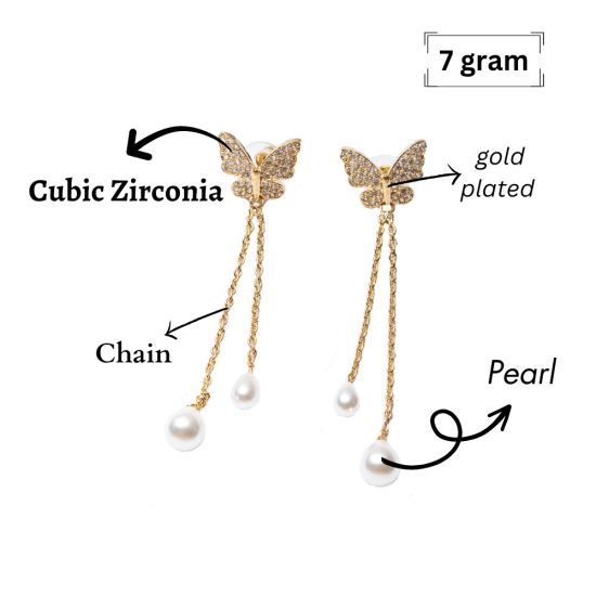 Butterfly earrings gold plated | pearl earrings for women and girls | gold chain link earring