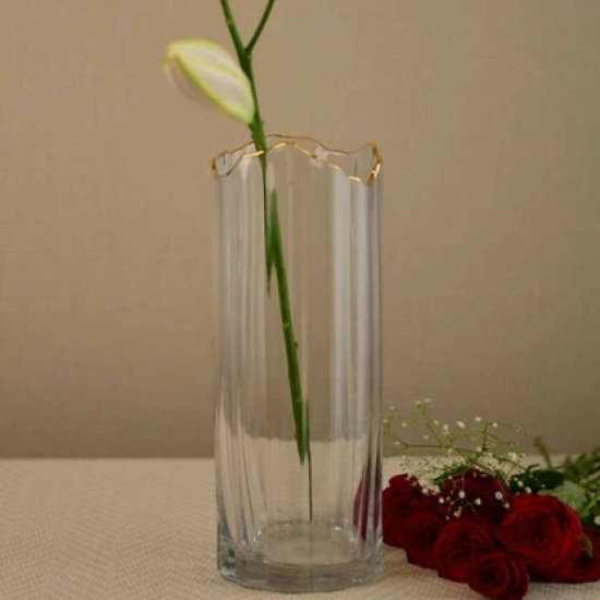 Elate Abstract Glass Vase with Gold Rim | Clear