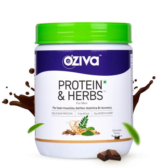 Oziva Protein & Herbs Men: 23G Whey, 5.5G BCAA, Ashwagandha, Chlorella, Musli for stamina & lean muscles. Certified Clean Chocolate 500G.-Oziva Protein & Herbs for Men: 23G Whey, 5.5G BCAA, Ashwa