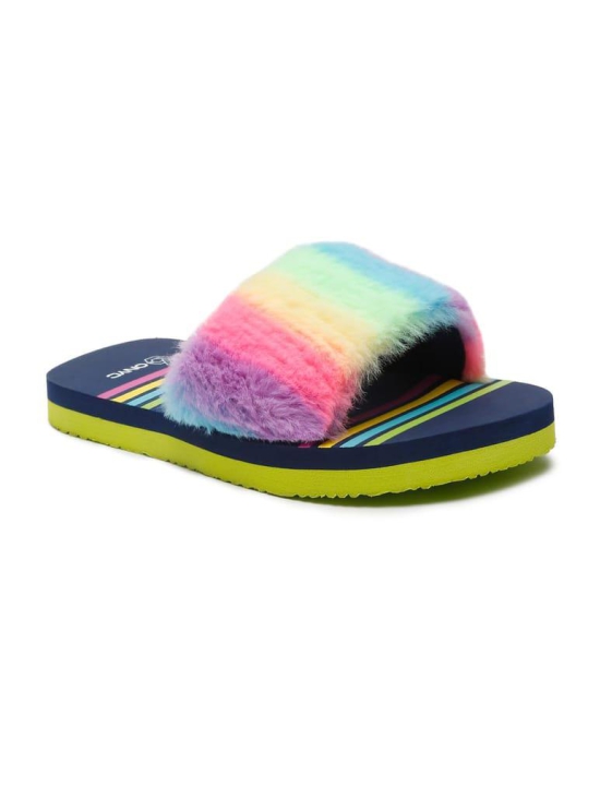 ONYC Kids Slippers for Girls, Premium Rainbow Fur Sliders, Navy Blue