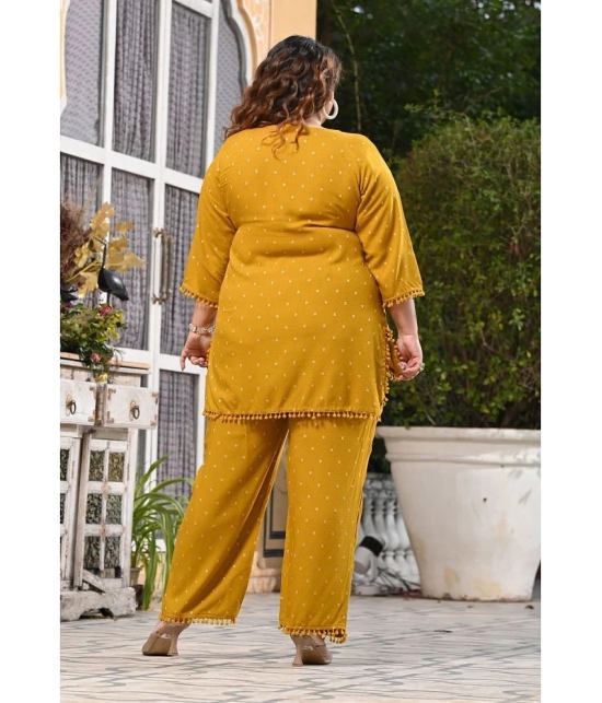 PrettyPlus by Desinoor.com Mustard Self Design Pant Top Set - None