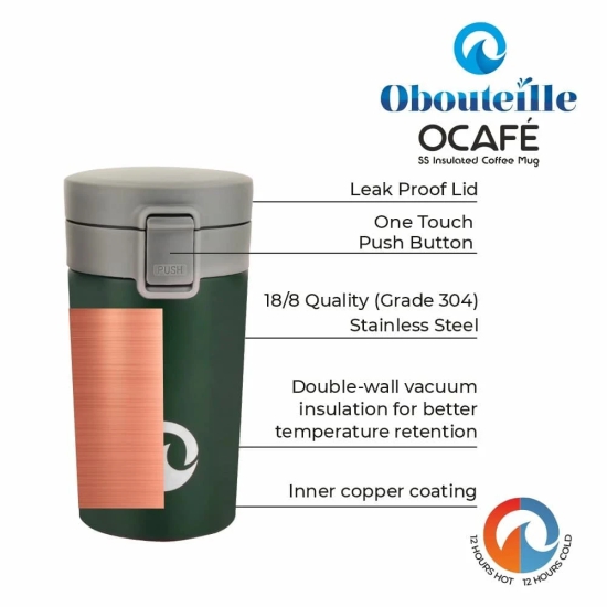 OBOUTEILLE OCafe Green Coffee Mug Stainless Steel Vacuum Insulated 300 ml Leak Proof Travel Cup Tumbler Flask for School/Home/Kitchen/Office/Work/Gym/Exercise/Yoga/Camping/Boys/Girls/Kids/Adults