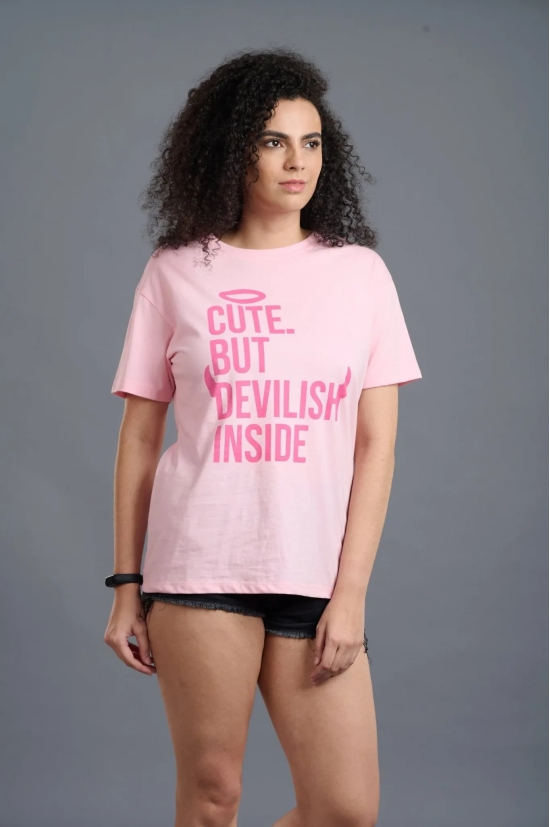 Cute But Devilish Inside Printed Pink Oversized T-Shirt for Women L