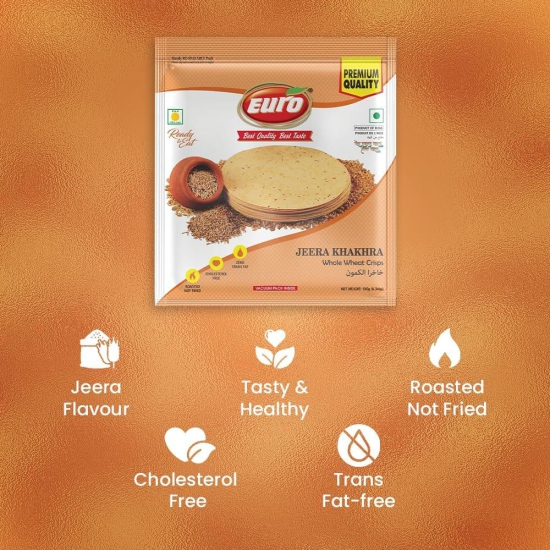 Euro Jeera Khakhra 180Gm Pack of 4|Roasted Not Fried | Cholesterol Free | Zero Transfat |Vacuum-Sealed for Freshness | Authentic Gujarati Snack, Ideal for Tea Time | Healthy Khakhra Options| Healthy Snacking