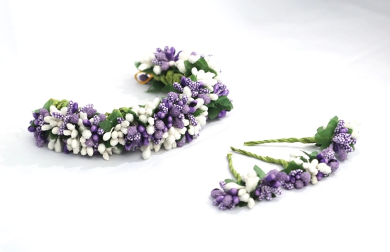 SHG Fashion Art Handmade Purple with White Color Artificial Veni Flowers with 3 Pins | Floral Wedding Bridesmaid Hair Jewellery (Purple with White)