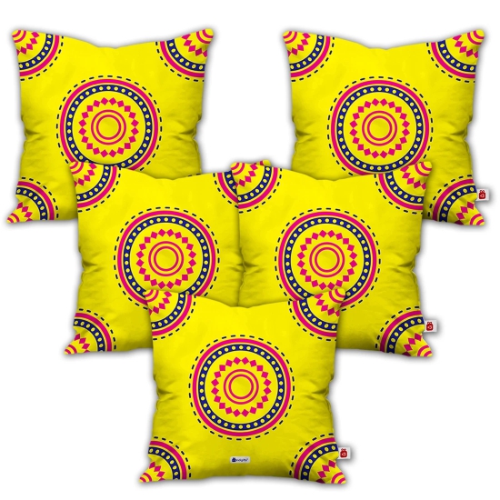 Indigifts Diwali Gift Items Colorful Mandala Print Yellow Cushion Cover 16x16 Set of 5 - Diwali Gift Items, Diwali Decoration Items, Deepavali Decoration, Dipawli Gifts, Deepawali Greetings