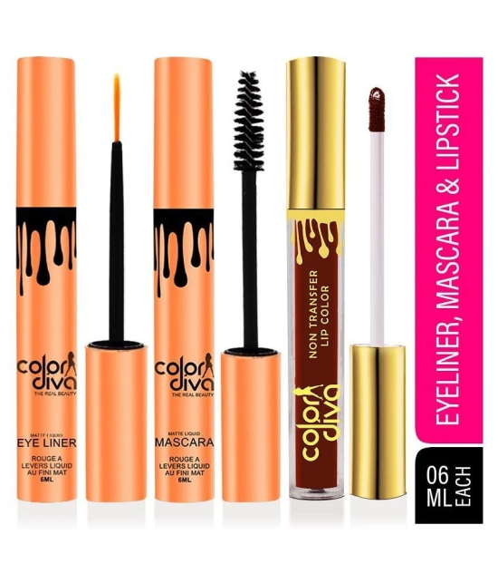 Color Diva Waterproof Eyeliner, Mascara & Liquid Lipstick Makeup Kit Pack of 3 18