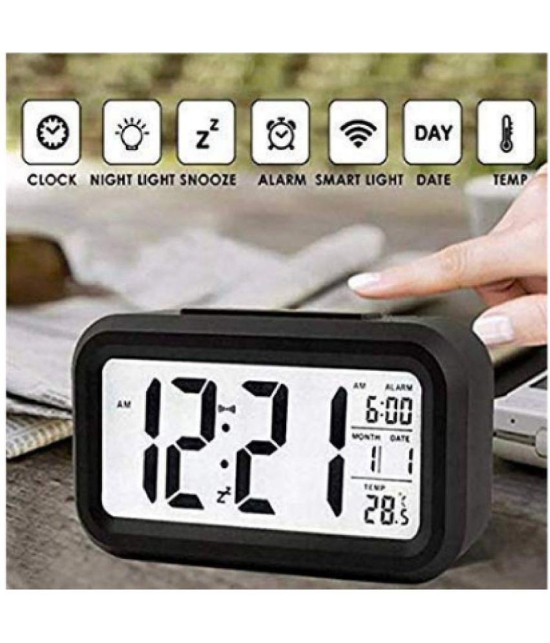 Plastic Digital Smart Backlight Battery Operated Alarm Table Clock with Automatic Sensor, Date and Temperature (Black)