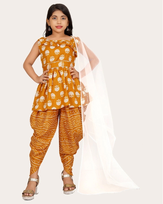 Girls A-line Sleeveless Rayon Dhoti Kurta and Dupatta Set Festive & Party Floral Print Square Neck Dupatta Net Border Lace.-Yellow / 10 - 11 Years