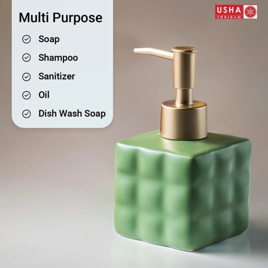 USHA SHRIRAM Ceramic Soap Dispenser Set, 220ml, Green, for Kitchen Sink/Bathroom.-USHA SHRIRAM Ceramic Soap & Lotion Dispenser Set, 220 ml, Green, for Kitchen Sink & Bathroom.