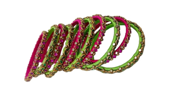 Pink and Green Bangle Set with Kundan Stones