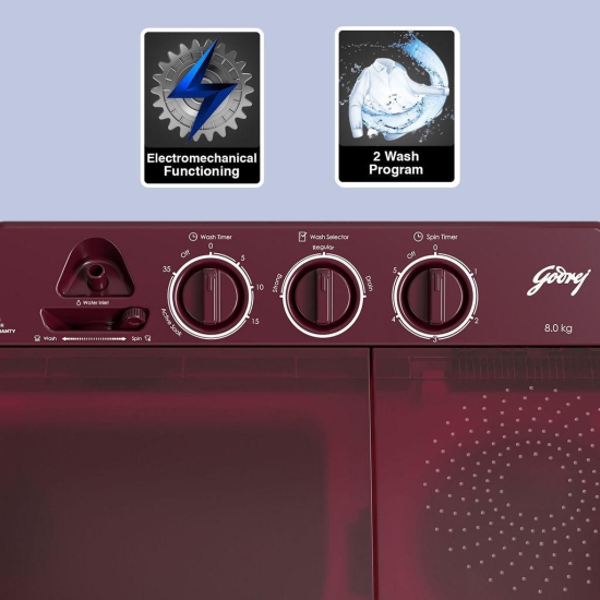 Godrej 8 Kg 5 Star Active Soak Technology Semi-Automatic Top Load Washing Machine (WSEDGE CLS 80 5.0 PN2 M WNRD, Wine Red, Wash Upto 8 King Size Bedsheets)