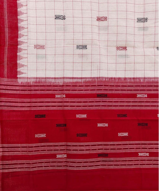 Offwhite Red Sambalpuri Handwoven Hath Kumbha with Fish Buti Cotton Dupatta