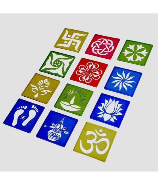 CRAFTAM Different Design Ready to Draw Rangoli Making Stencils, Rangoli Plastic Stencils for Diwali Floor Decoration (Set of 12, Size4x4 Inch)