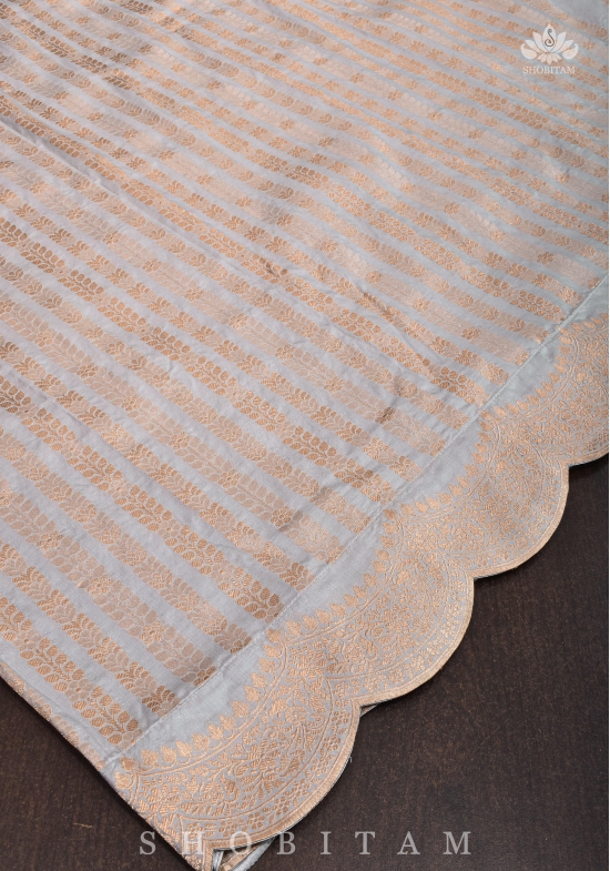 Scalloped Border on Gray Katan Banarasi Silk Saree with Zari Stripes | SILK MARK CERTIFIED