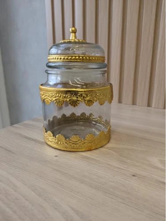 Aarna Creations Designer Medium Glass jar with metal work | Air tight glass jars with antique golden work | Glass & metal container