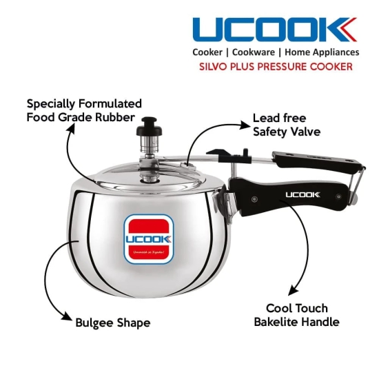 UCOOK By UNITED Ekta Engg. Silvo Plus 3 Litre Induction Base Inner Lid Aluminium Pressure Cooke, Silver