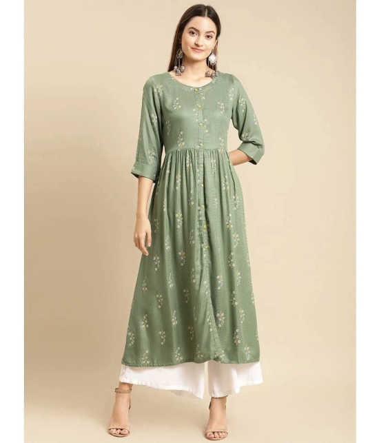 Rangita Women Rayon Green Self Textured Calf Length A-Line Kurti With Gathers At Waist - None