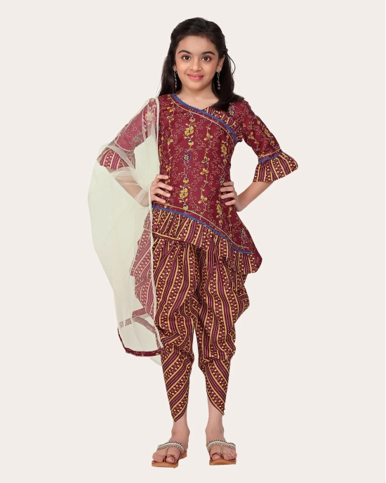 Floral Cotton Printed Peplum Stylish Top and Dhoti Dupatta Set for Girls-Maroon / 9 - 10 Years