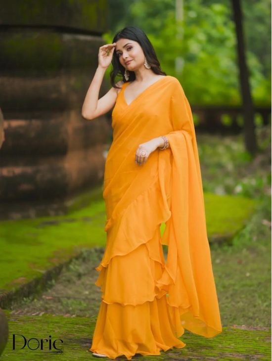 Yellow Georgette Pre Draped Saree by Dorie