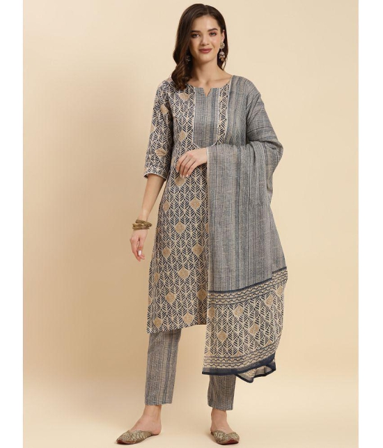 Rangita Women Beige Cotton Printed Straight Calf Length Kurta with Pant and Dupatta Set - None