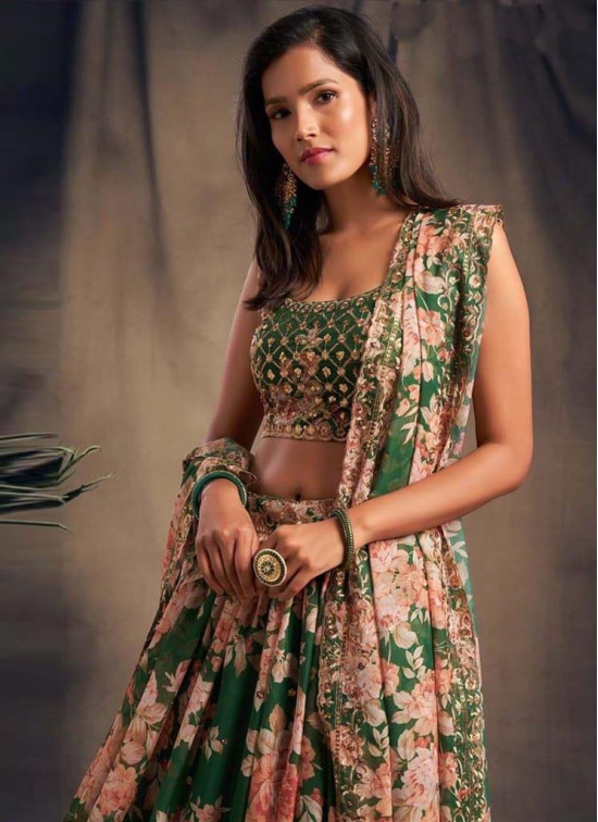 Green Wedding Wear Floral Print Embroidery Work Lehenga Choli