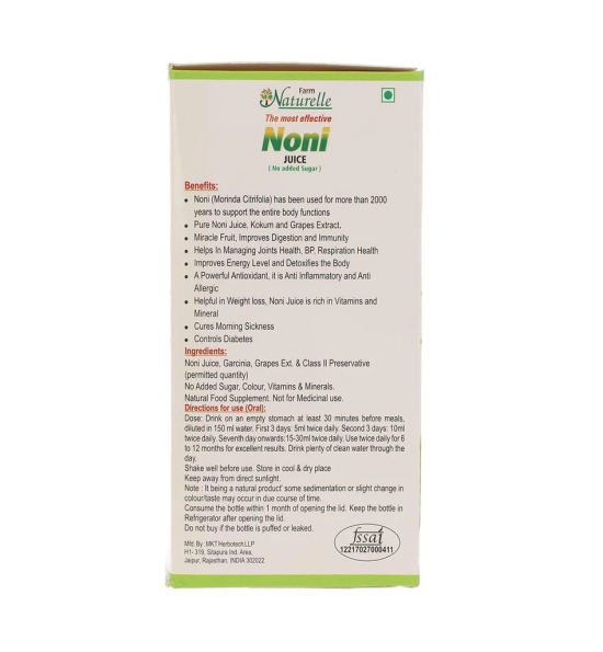 Farm Naturelle-Most Effective Noni juice-Combination of Noni, Kukum(Garcinia) and Grapes Extract-Relief against Joints problem, Chest and Diabetes, helps in Detoxification, enhances morning energy n mood and fat reduction-1+1 Free-2x400ml+ 2x55g Herbs Inf