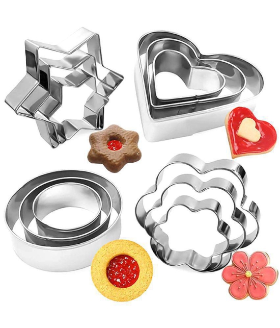 HOMETALES Silver Stainless Steel Cookies Cutter Shape Round,Flower,Heart,Star ( Set of 4 ) - Silver