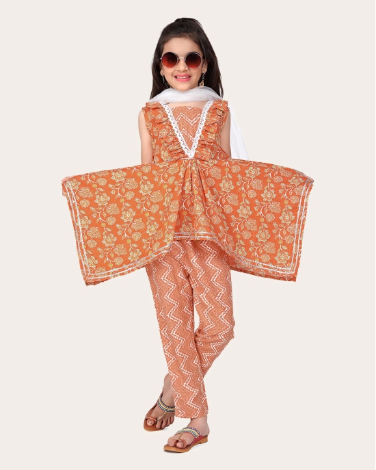 Designer Cotton Print Work Kid Top Bottom With Dupatta Orange-Yellow / 5 - 6 Years