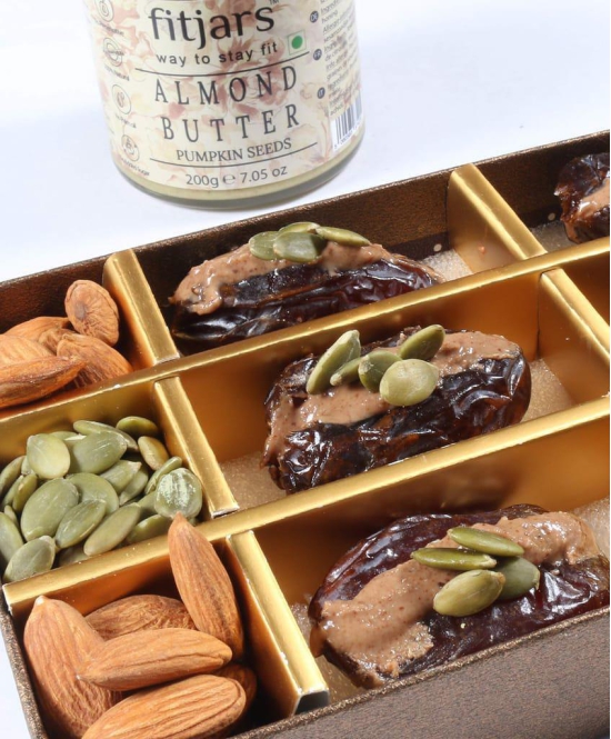 FITJARS Medjool Dates Pitted & Stuffed with Almonds , Pumpkin Seeds Butter.