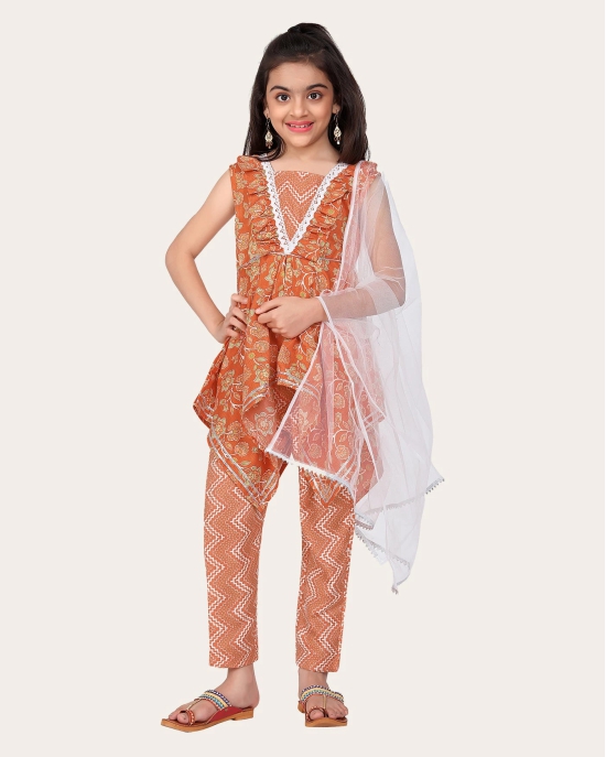 Designer Cotton Print Work Kid Top Bottom With Dupatta Orange-Yellow / 10 - 11 Years