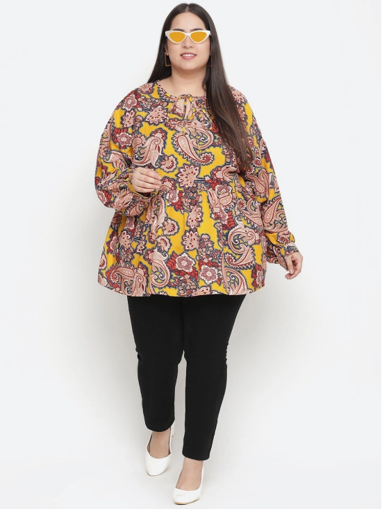 Oxolloxo Mustard Yellow Ethnic Print Tie-Up Neck Crepe Empire Plus Size Top