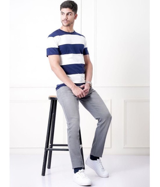 UrbanMark Mens 100% Cotton Regular Fit Round Half Sleeves Horizontal Striped T Shirt -Navy & White - None