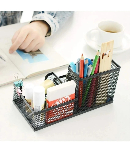 GEEO 3 Compartment Metal Mesh Desk Organizer Stationary Storage Stand Pen/Pencil Holder for Office, Home, and Study Table Small Items Storage Box