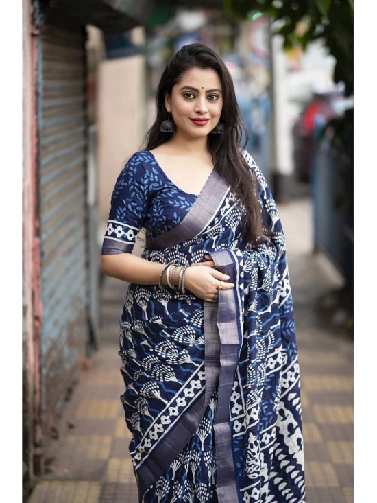 Bhuwal Fashion Cotton Printed Saree With Blouse Piece - Navy Blue ( Pack of 1 ) - Navy Blue