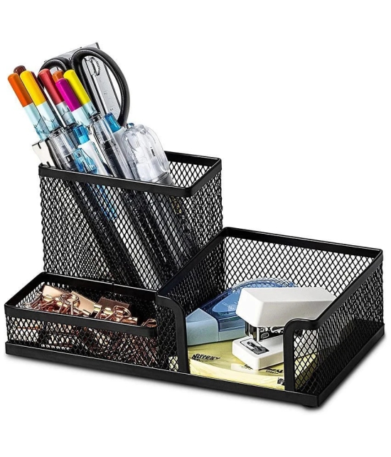 GEEO 3 Compartment Metal Mesh Desk Organizer Stationary Storage Stand Pen/Pencil Holder for Office, Home, and Study Table Small Items Storage Box