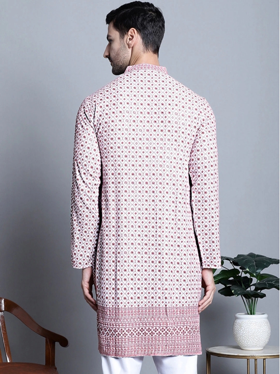 Mens Chikankari Embroidered Kurta Only-L / Pink