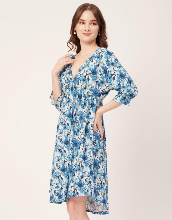 Moomaya Printed Quarter Sleeves Short Dress, Knee Length Flared Hem Summer Dress