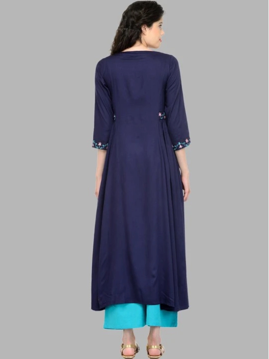 Women Navy Blue & Pink Floral Yoke Design Thread Work Anarkali Kurta