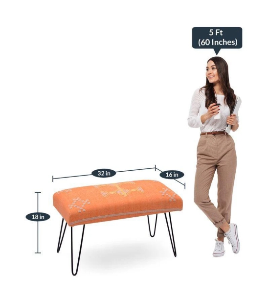 Mango Wood Bench In Cotton Orange Colour With Metal Legs-Orange