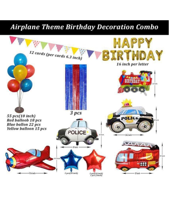 Party Propz Birthday Decoration Boys Happy Birthday Foil Balloon Transport Vehicles Foil Balloons Plane Train P*lice Car Plane Fire Truck Foil Curtain for Kids Boys 1st Birthday - Set of 70 