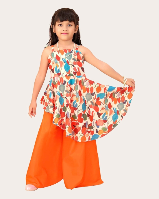 Girls Printed Stylish Flared Palazzo With Crop Top-Orange / 8 - 9 Years