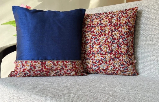 Kalamkari Maroon Print Mix N Match Royal Blue Dupion Silk Cushion Cover Size 16x16