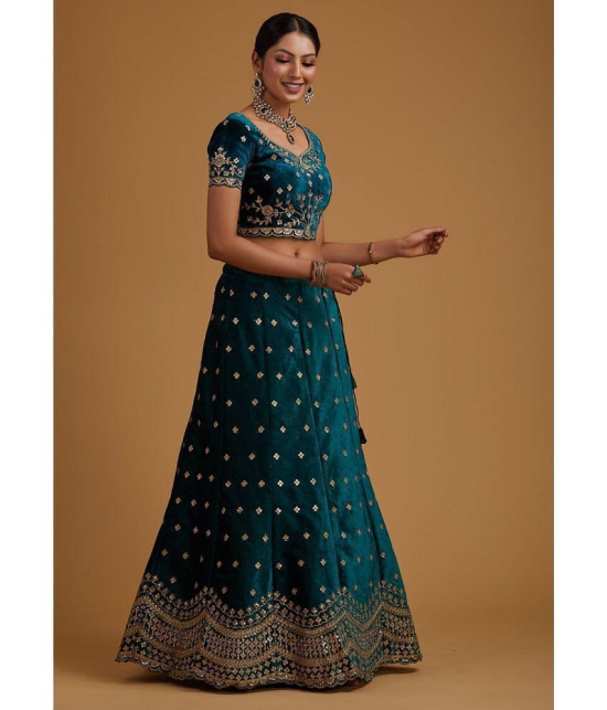 Estela Blue Velvet Chaniya Choli Semi Stitched Lehenga - Free Size