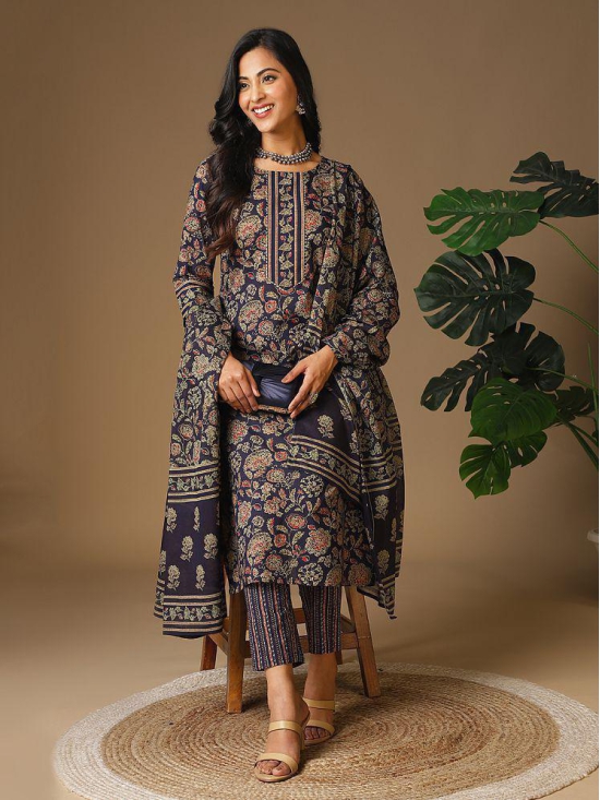 Rangita Women Cotton Navy Blue Floral Printed Calf Length Straight Kurti With Pants With Dupatta - None